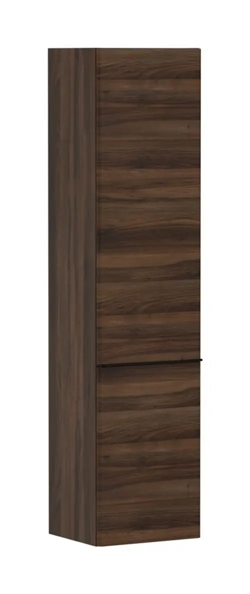 Hochschrank in dunklem Nussbaumfinish mit zwei Türen und vertikalen Holzmaserungen. Hansgrohe-Design. Türanschlag auf der linken Seite.